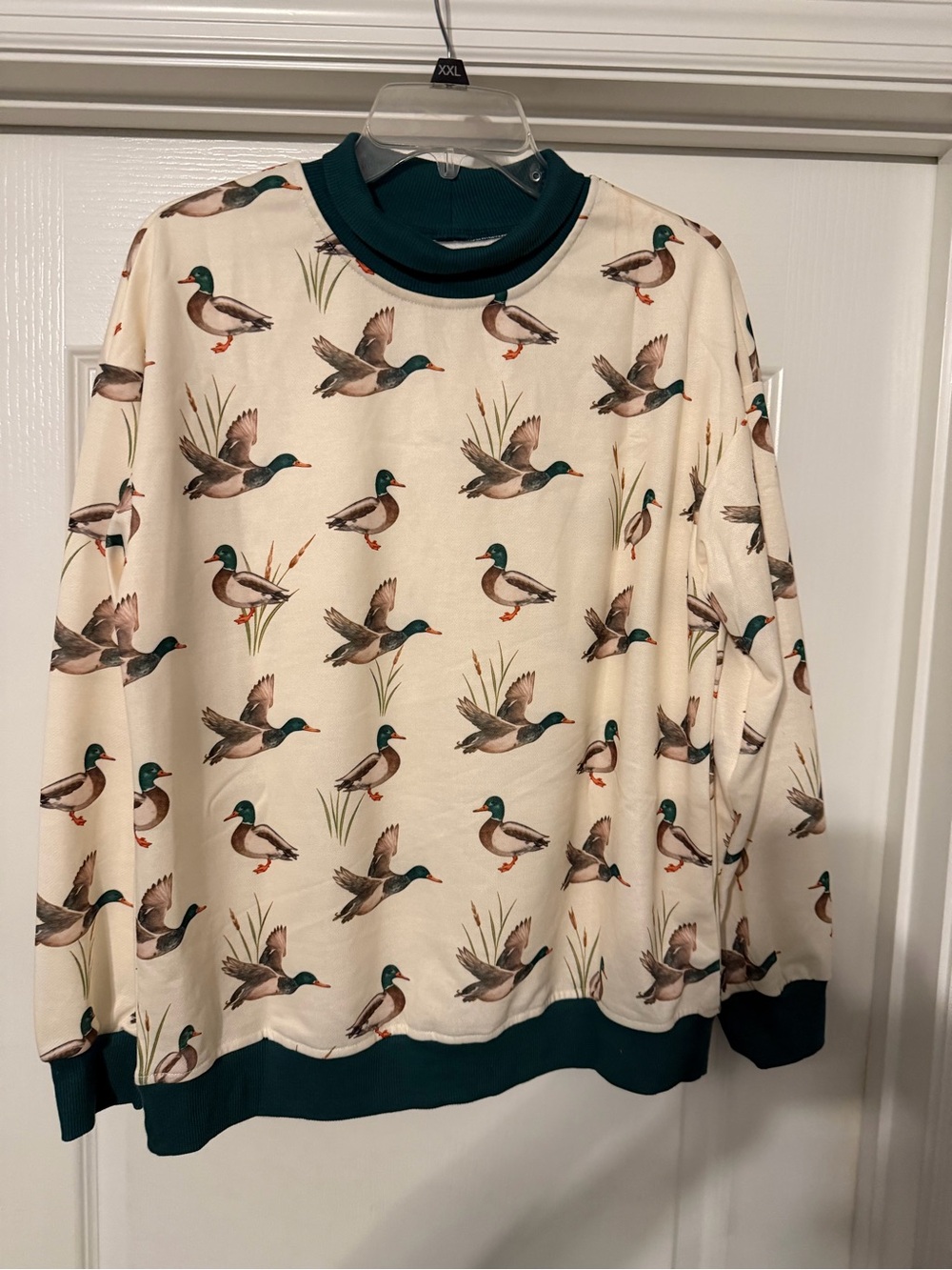 Cream Duck Print Crewneck Sweater with Green Trim